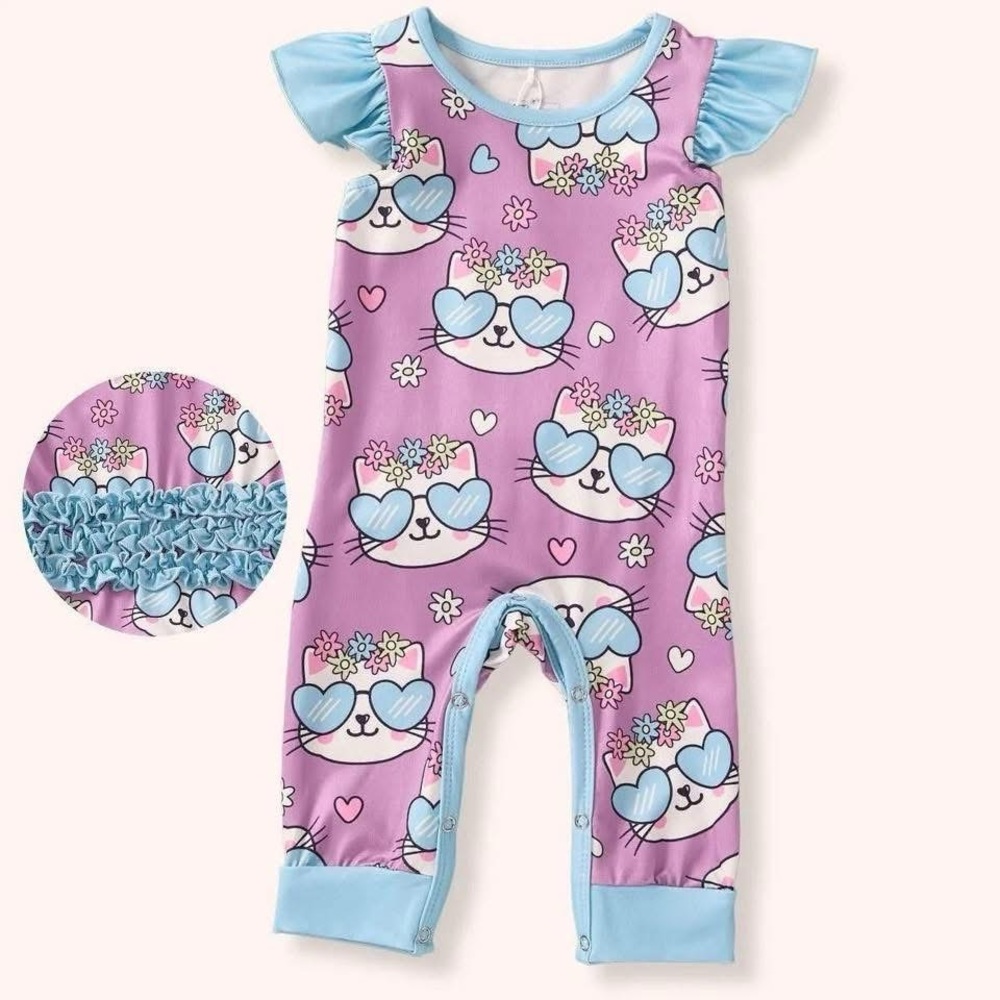 Adorable Cat Print Bodysuit - Purple and Blue